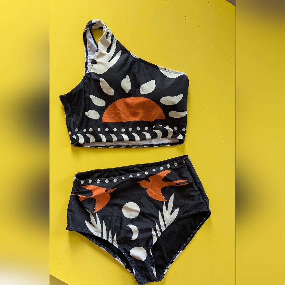 Black and Orange Graphic Bikini Set